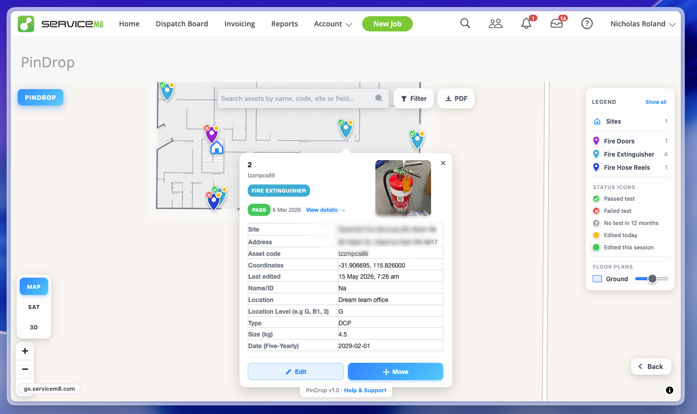PinDrop asset detail popup showing photo, status, location, custom fields and edit buttons over a floor plan