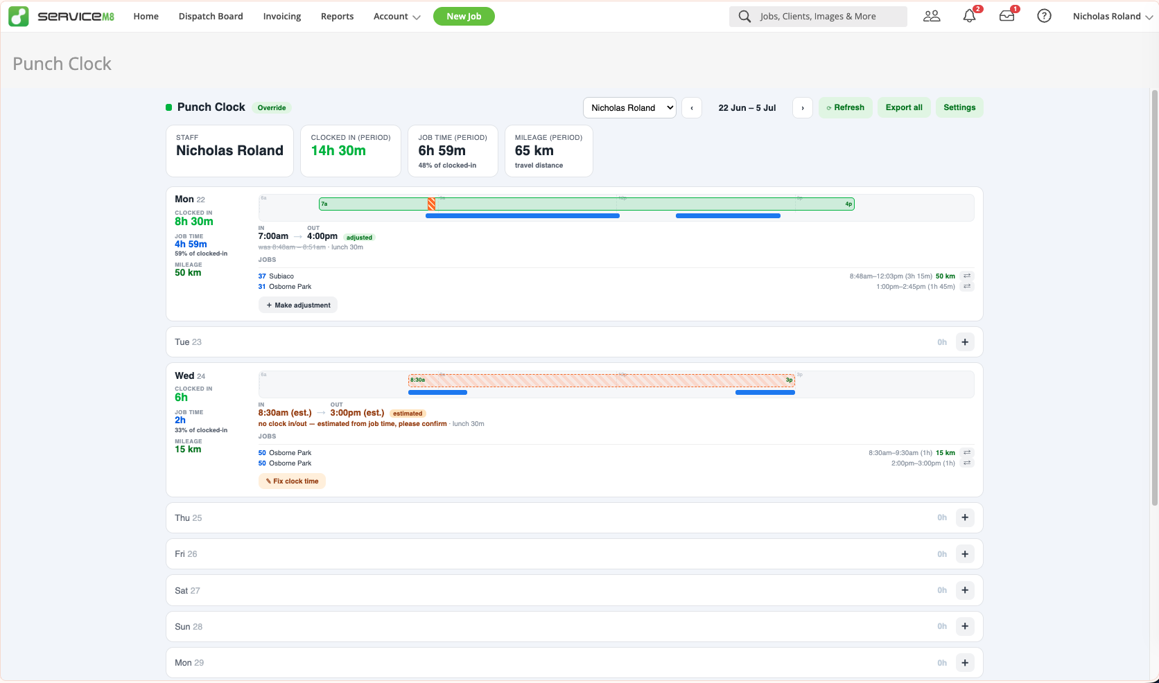 Punch Clock in ServiceM8 &mdash; week timeline showing clocked shifts and job time per day, with period totals for clocked-in hours, job time and mileage