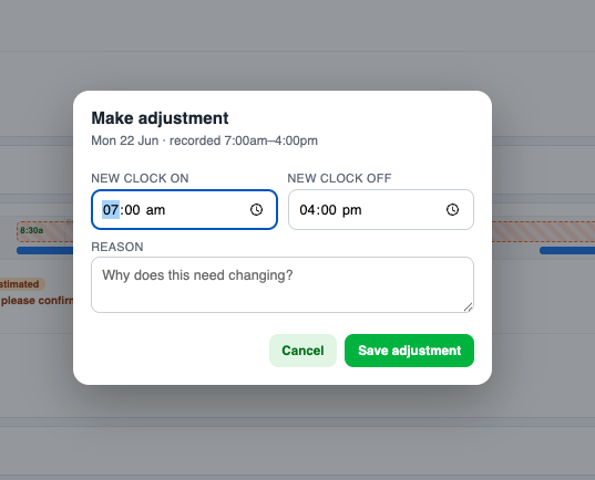 Punch Clock 'Make adjustment' dialog &mdash; new clock on and clock off times with a reason field