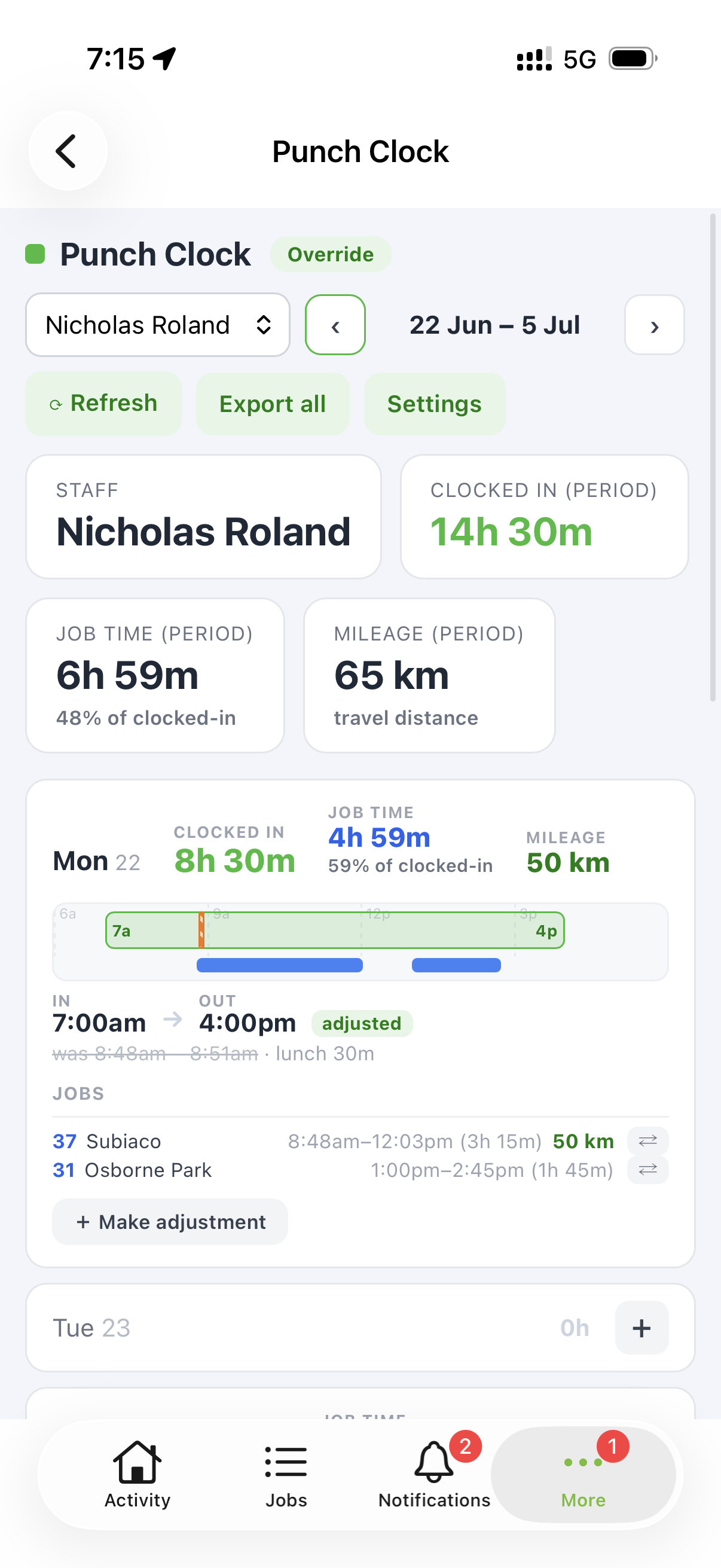 Punch Clock day view inside the ServiceM8 mobile app &mdash; period totals and a day card with the shift timeline, adjusted times and job list