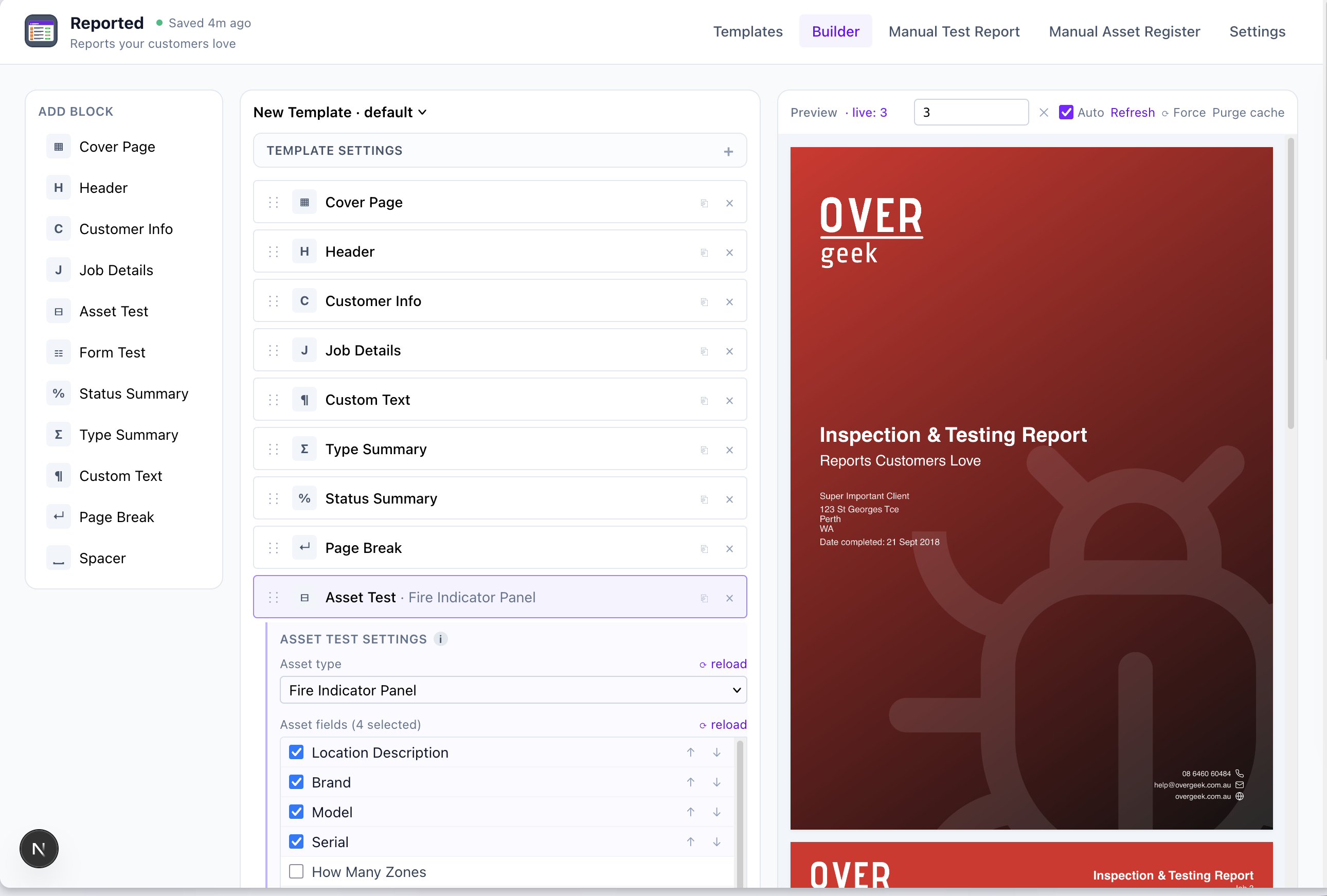 Reported template builder showing drag-and-drop blocks and live report preview