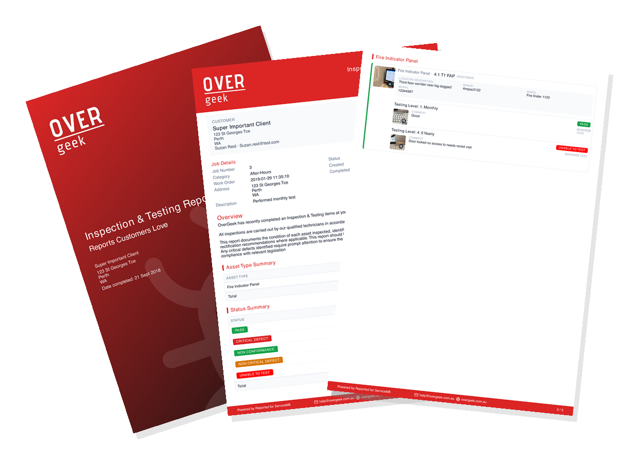 Reported — three pages of a sample Inspection and Testing Report PDF