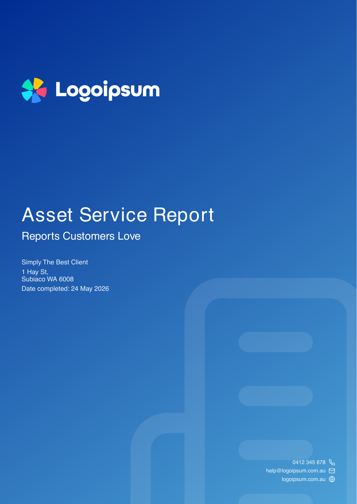 Cover page of a real sample inspection report PDF generated by Reported