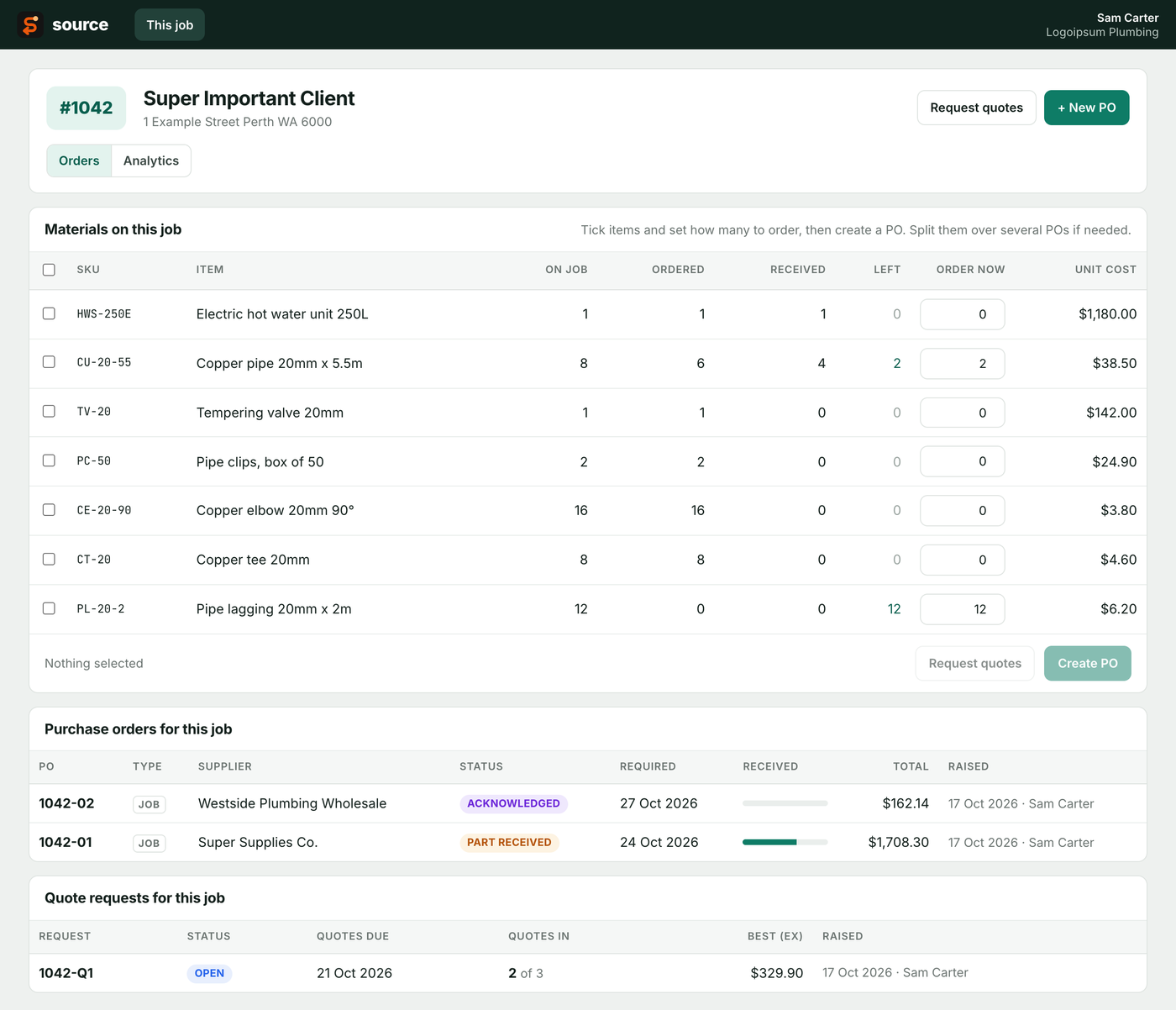 The Source job card: each job material with how many are on the job, ordered, received and left to order, plus the job's purchase orders and quote request