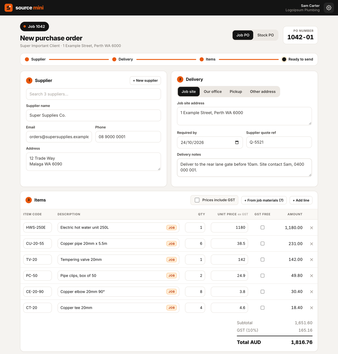 The Source Mini purchase order form: supplier, delivery details and six item lines with totals