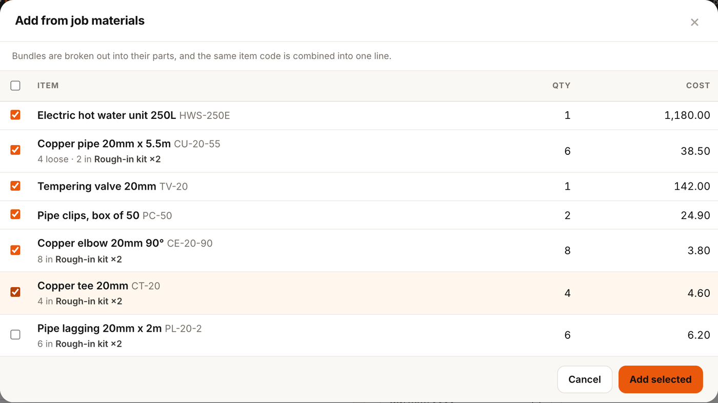 Adding job materials in Source Mini, with a bundle broken out into its parts and the same item code merged