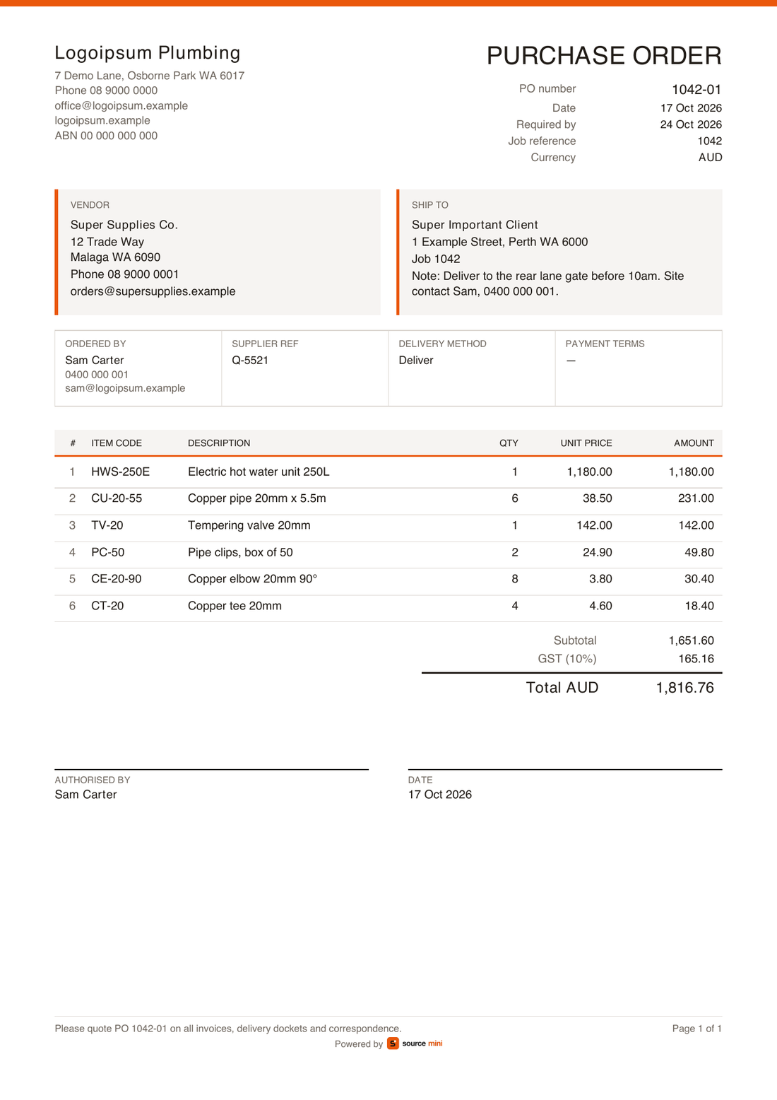 A purchase order PDF made by Source Mini: company details, vendor and ship-to boxes, a numbered item table with GST and total, Authorised by, and Please quote PO 1042-01 on all invoices