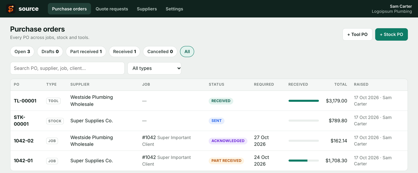 Every Source purchase order across jobs, stock and tools, with status and received progress