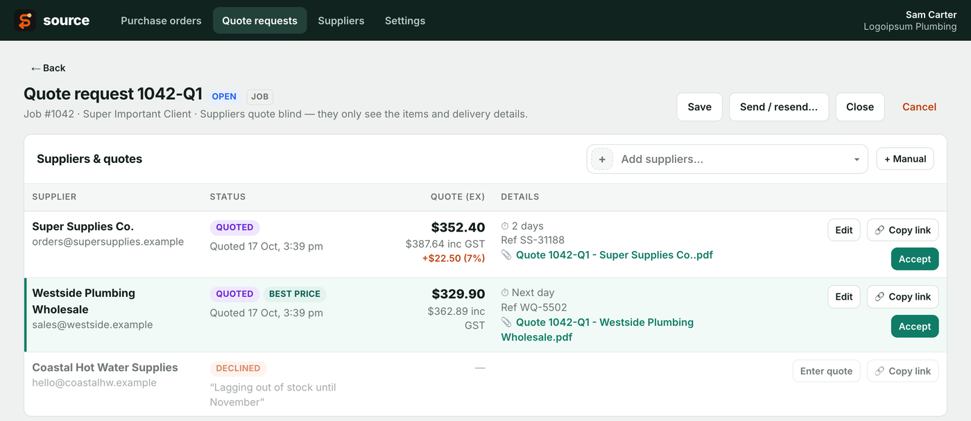 A Source quote request with two supplier quotes compared side by side, the cheapest marked Best price, and one supplier declined