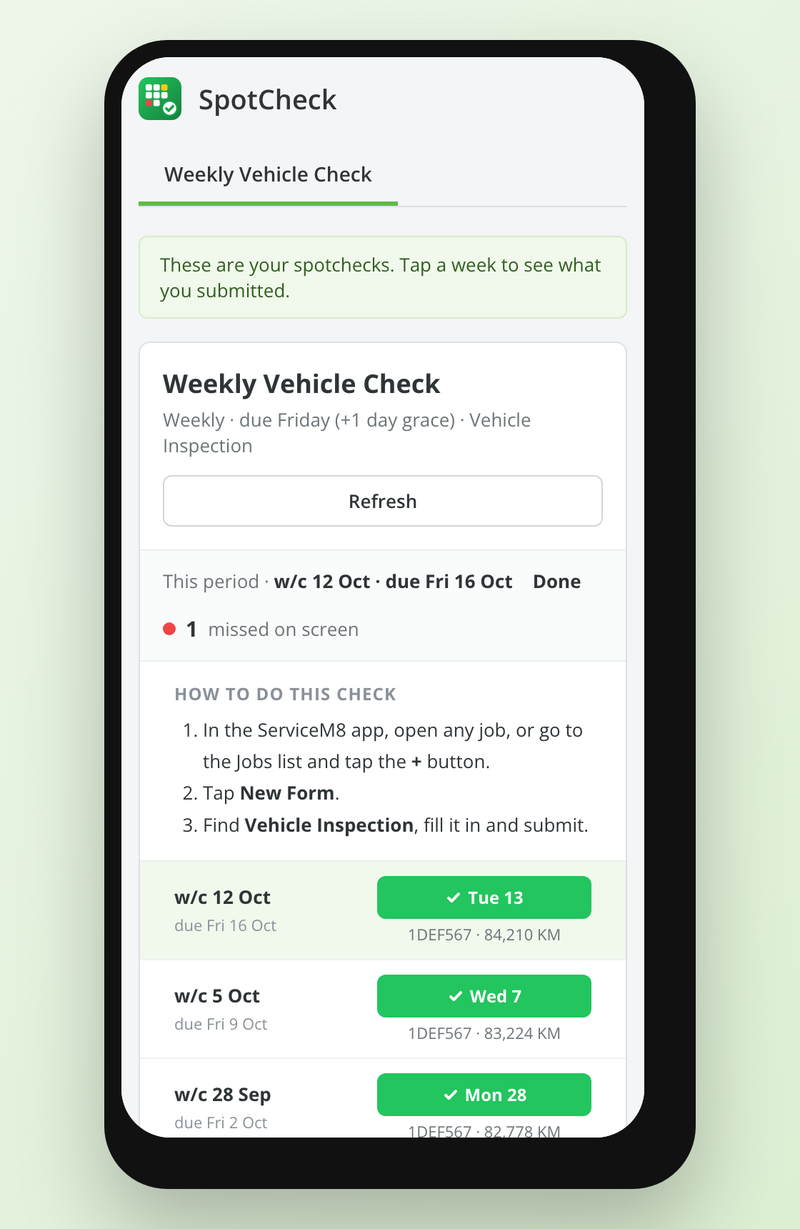 SpotCheck My checks on a phone: a staff member's own weeks and steps for filling the form in