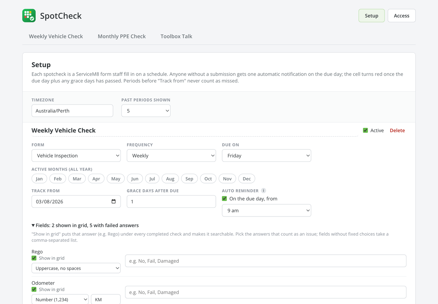SpotCheck Setup: choosing the form, frequency, due day, active months, tracking date and grace days